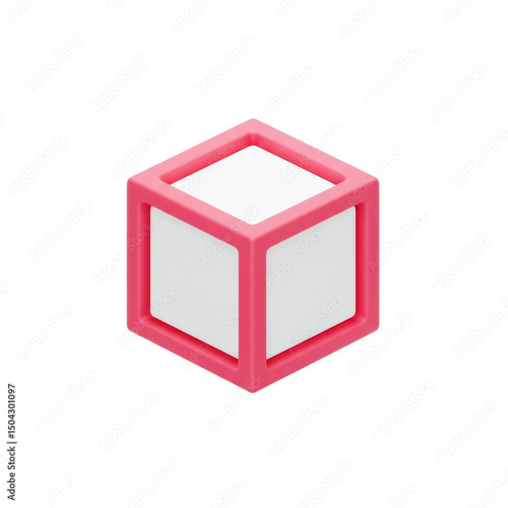 Poster 3d geometric representation of a cube with pink edges and white faces, isolated on a clean white sur