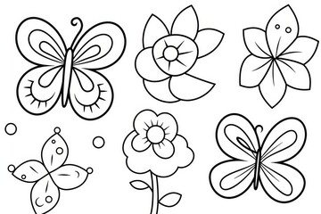 Fototapeta premium Simple coloring page with cartoon butterflies and flowers, large clear areas for kids' drawings, black lines on white background