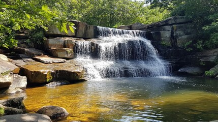Obraz premium Serene waterfall cascading over rocky terrain lush green foliage