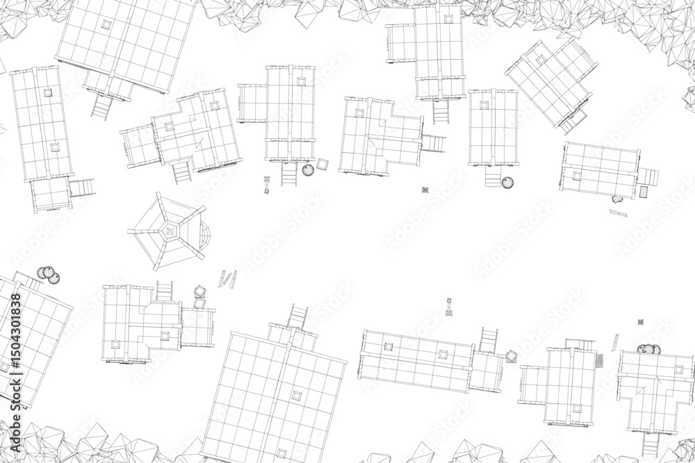 Poster a white background with a lot of buildings scattered around. the buildings are in different sizes an