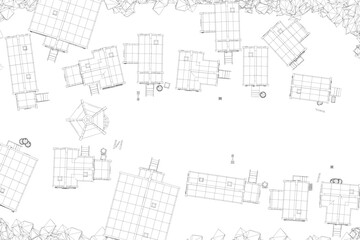 A white background with a lot of buildings scattered around. The buildings are in different sizes and shapes. Top view