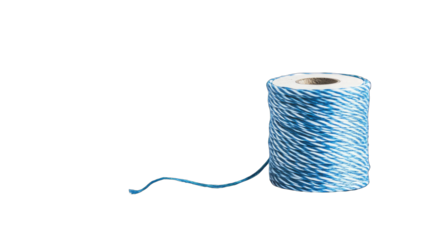 A spool of blue and white striped twine with a loose end extending to the left, set against a black background