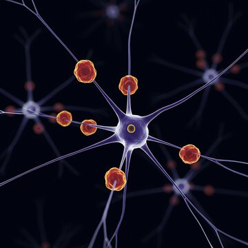 A dynamic graphic showing interconnected neurons with mitochondrial dysfunction affecting energy supply, representing the impact of Leigh syndrome on brain metabolism.