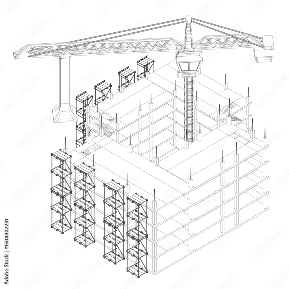 Poster a building is being constructed with scaffolding and cranes. the building is a large, multi-story st