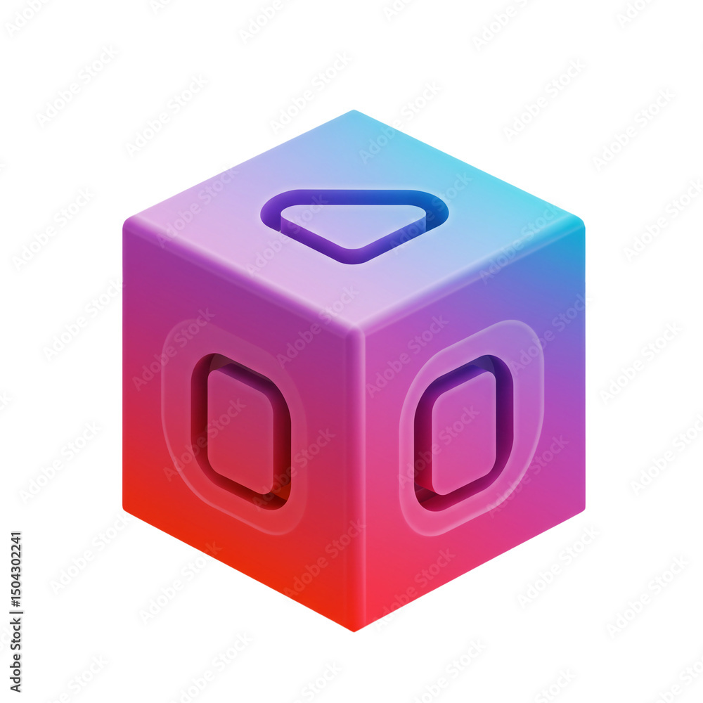 Poster three-dimensional cube with gradient colors, soft shadows and abstract shapes, highlighting a modern