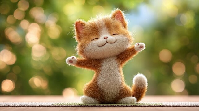 cartoon character cute fluffy cat doing yoga on a beautiful background with bokeh. June 21 is World Yoga Day. High quality