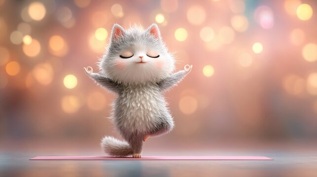 cartoon character cute fluffy cat doing yoga on a beautiful background with bokeh. June 21 is World Yoga Day. High quality - Powered by Adobe