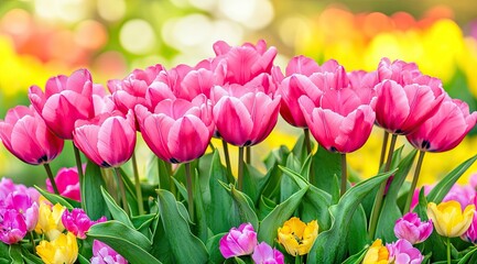 Vibrant pink tulips in a spring garden