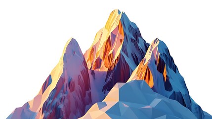 Sharp-edged low poly mountains in the early morning light, with the sun rising behind the peaks, creating a colorful gradient in the sky and casting geometric shadows.