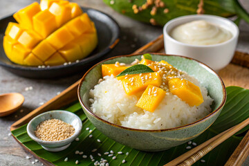 Khao Niao Mamuang (Mango Sticky Rice) dessert made with sweet sticky rice, fresh slices of ripe mango, and a drizzle of sweetened coconut milk.
