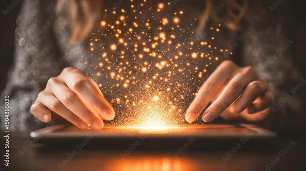Poster a person interacts with a tablet, creating a magical effect.