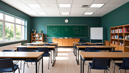 Empty Classroom with Chalkboard, Desks, and Bookshelves Ready for Learning