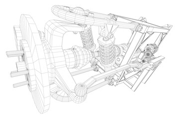 A drawing of a car engine with a lot of detail. The drawing is in black and white and is very detailed