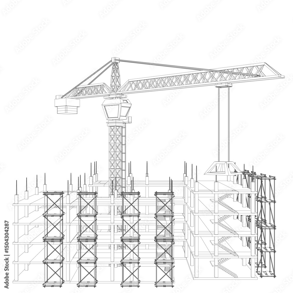 Poster a crane is lifting a large object. the crane is tall and has a long arm. the crane is surrounded by 
