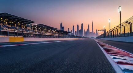 Empty race track at dawn, city skyline in the background