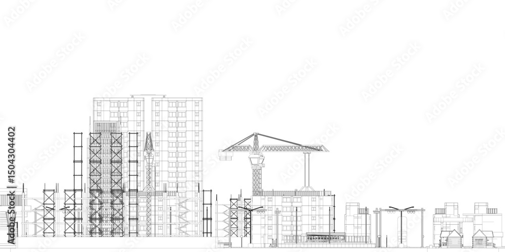 Poster a city skyline with a large crane in the middle. the crane is surrounded by scaffolding and is the t