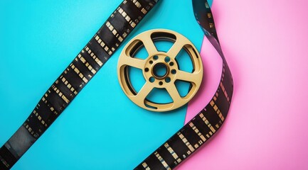 Vintage film reel and strip on vibrant background (1)