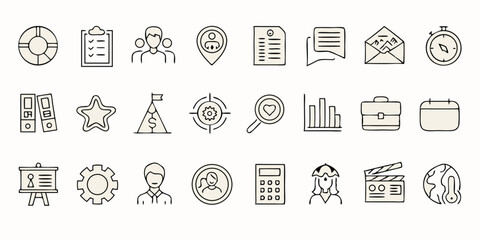 Fototapeta premium Human Resources icon set. Business related line icons: HR, recruitment, employment, office, management, business people, teamwork, resume, career and more. Editable stroke. Vector illustration.