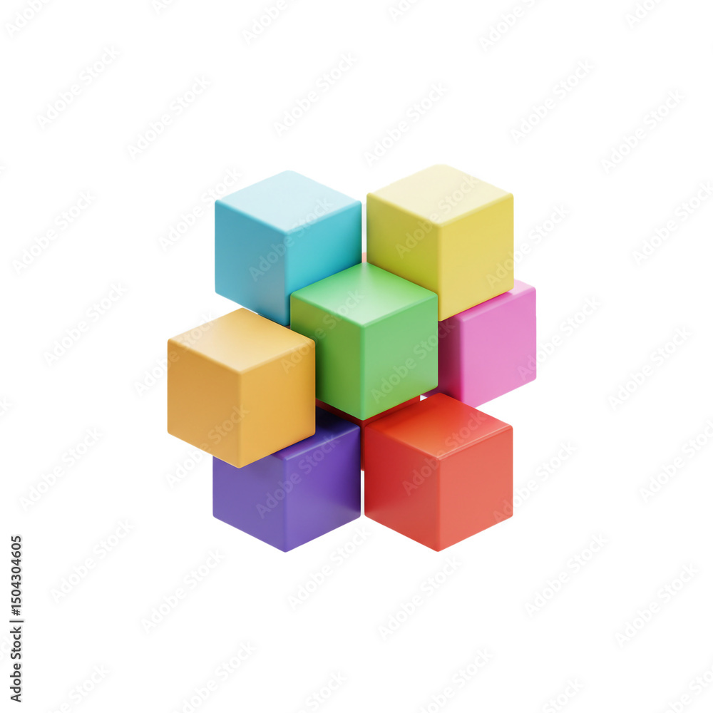 Poster chromatic cube construction: a stacked arrangement of vibrant colored blocks on a pristine white bac