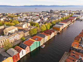 Colorful historical fishing houses of Trondheim, Norway, aerial view