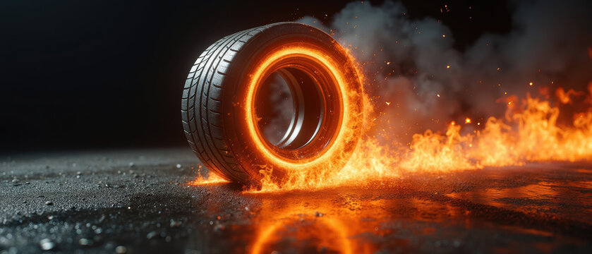 Burning tire creates dramatic scene with flames and smoke, showcasing speed and intensity. glowing rim adds striking visual effect