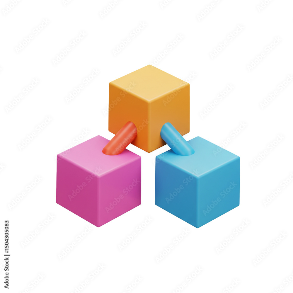 Poster interconnected colorful cubes with cylinders representing collaboration and innovative solutions for