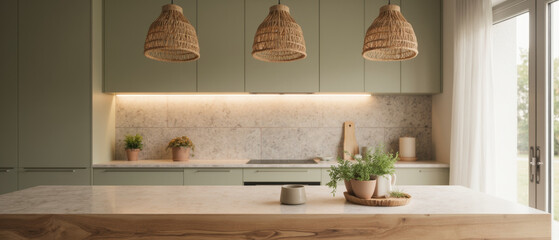 Modern kitchen featuring green cabinetry, marble countertops, and woven pendant lights creates cozy and inviting atmosphere