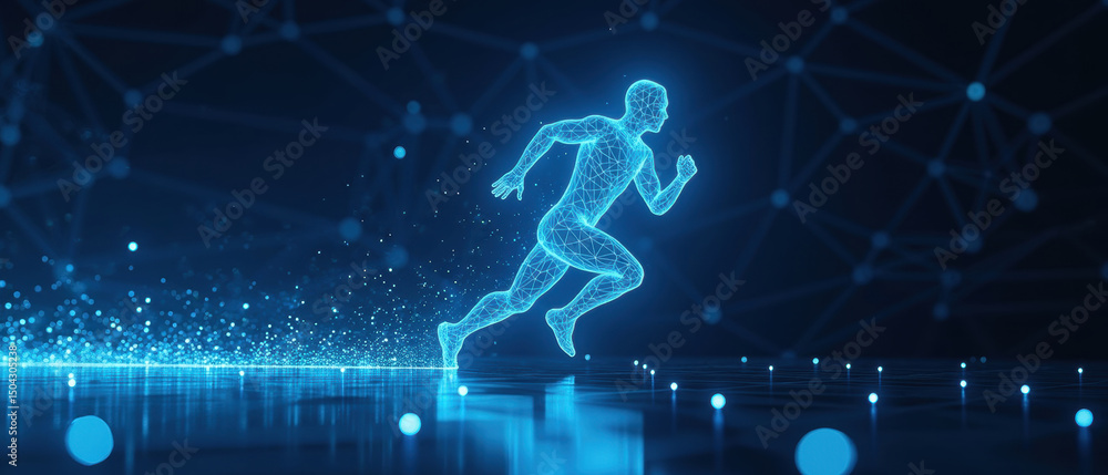 Poster digital representation of running figure, showcasing futuristic design with glowing lines and partic