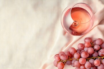 Pink Wine Glass and Grapes on Linen Cloth Flatlay – Elegant and Rustic Composition