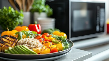 A healthy lunch plate with organic grilled veggies, brown rice, and avocado near a stylish microwave in a modern kitchen.