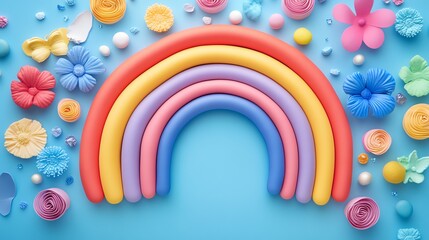Fototapeta premium A vibrant, cheerful composition featuring a colorful rainbow surrounded by playful floral and spherical elements on a bright blue background.