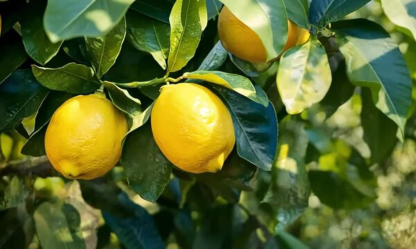 Close-Up of Ripe Meyer Lemons Hanging on a Lush Green Tree Branch