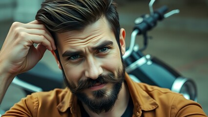 Masculine Charm: Portrait of a Contemplative Man with Stylish Beard
Concept: Confidence, contemplation, motorcycle lifestyle