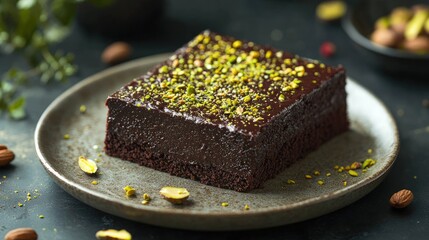 Decadent chocolate cake with glossy ganache, sprinkled with walnuts and pistachios, placed on a rustic ceramic plate with soft lighting.