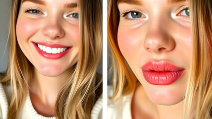 Glamorous contrast: Portrait of a smiling woman with natural lips and enlarged red lips close-up
Concept: Beauty, Elegance, Contrast