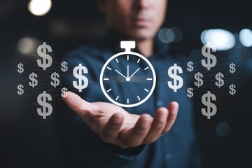 Time Is Money Concept – Businessman Holding Glowing Clock with Dollar Signs Representing Time Management, Productivity, and Business Value