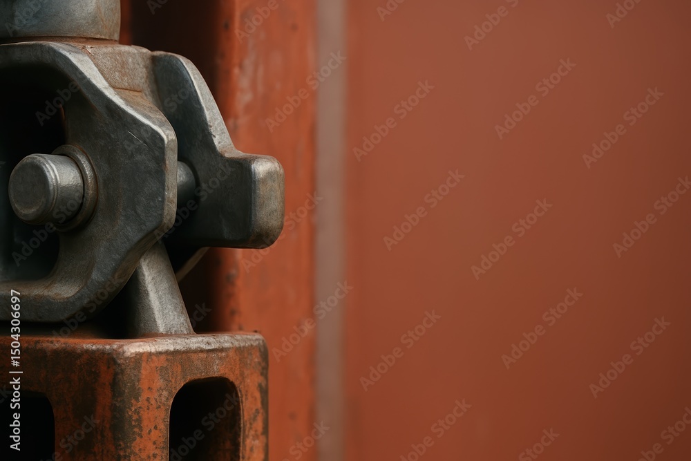 Poster close-up of metallic fastener featuring industrial design elements on rusty background surface