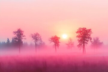 Obraz premium Pink Sunrise Over Foggy Field with Trees – Serene and Dreamlike Landscape