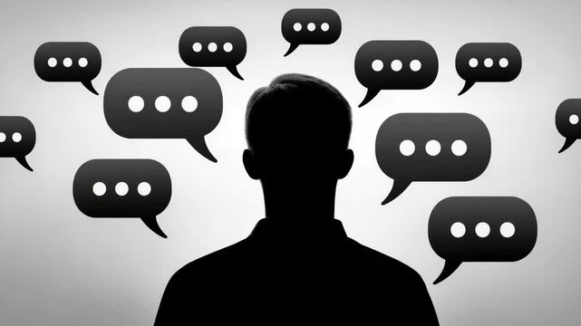 Using hurtful language toward others, bullying, verbal abuse, and hate speech. A silhouette figure surrounded by speech bubbles filled with hateful words.