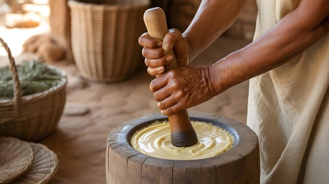 Barattage traditionnel du beurre &ndash; Baratte en bois avec cr&egrave;me dans un cadre rustique