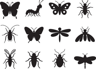 Twelve black silhouettes of various insects