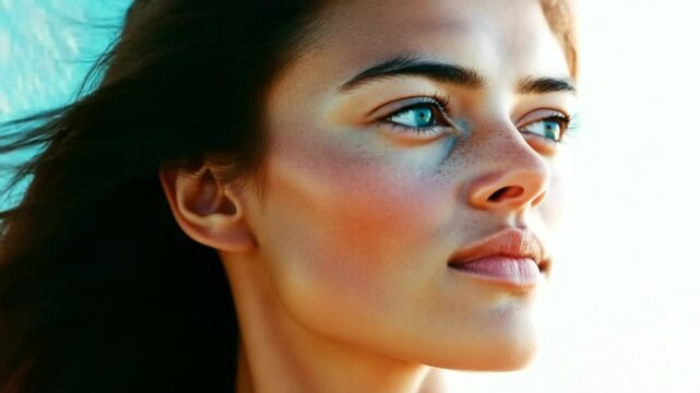 A woman stands gracefully against a bright blue sky, the warm sunlight highlighting her features. Her serene expression reflects a tranquil moment, perfect for relaxation and self-reflection