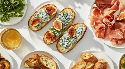 Flat lay of crispy toasts topped with blue cheese, prosciutto, and fresh figs, elegantly arranged on a white table