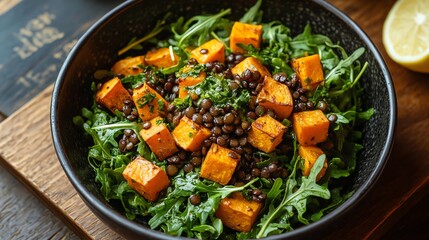 A vibrant and appetizing dish featuring golden tofu, fluffy rice with sesame seeds, and juicy mango chunks. A healthy and delicious meal.