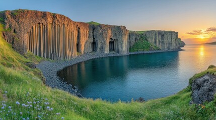 Coastal basalt columns, serene bay, sunset