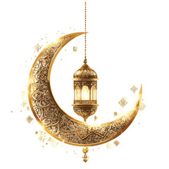 Elegant Ramadan logo with golden Arabic calligraphy, detailed crescent moon, glowing lantern, and white background. Luxurious, traditional, and perfect for digital and branding use.