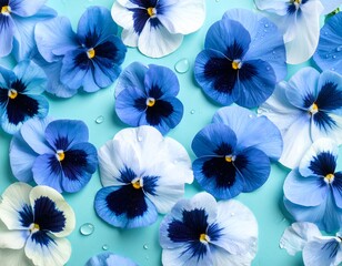 Beautiful top view of colorful pansy flowers in shades of blue, white, and yellow on a bright background. Fresh and vibrant floral pattern ideal for spring or summer themes, nature backgrounds