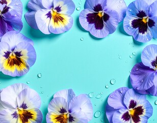 Beautiful top view of colorful pansy flowers in shades of blue, white, and yellow on a bright background. Fresh and vibrant floral pattern ideal for spring or summer themes, nature backgrounds
