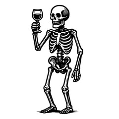 Skeleton holding a glass of wine, Skeleton drawing. Vector, isolated on white background