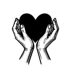 Hands folded together holding heart. Hand drawn sketch vector illustration engraving style